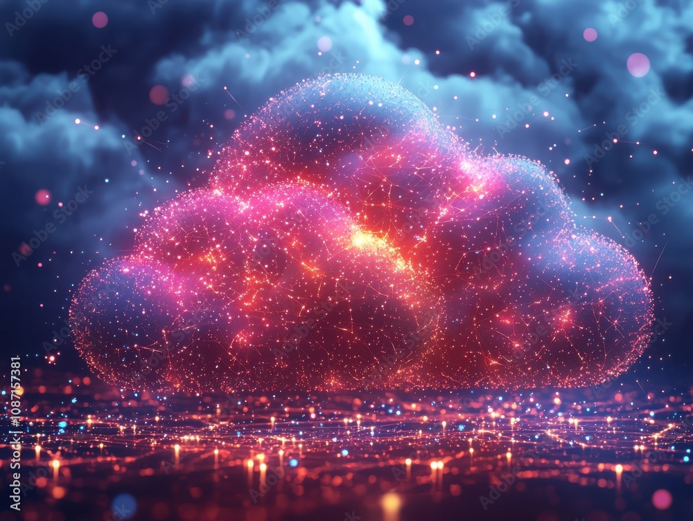 Poster exploring futuristic cloud computing concepts abstract data visualizations in a digital landscape