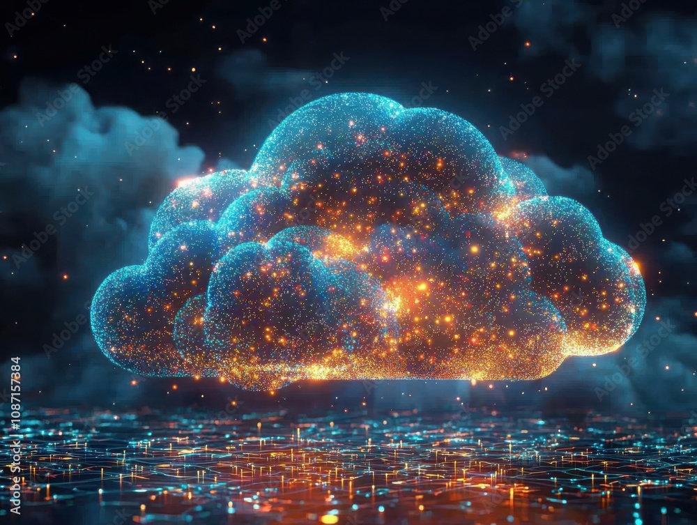 Poster exploring a futuristic cloud computing concept with abstract data visualizations in a digital enviro