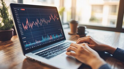 Close-Up of Hands Typing on Laptop with Financial Charts on Screen, Showcasing Data Analysis, Stock Market Trends, and Modern Work Environment