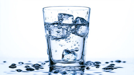 A glass of water with ice cubes, isolated against a white background. The image is detailed, with natural lighting, sharp focus, and high resolution