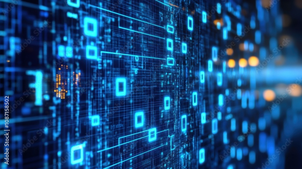 Poster futuristic digital data stream with glowing blue lines and binary code representing technology, conn