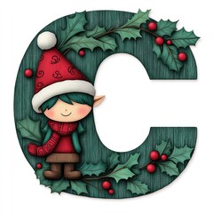 A green elf is standing in front of the letter C