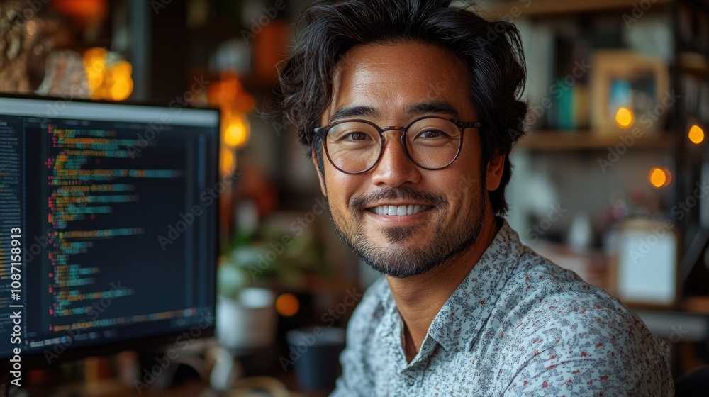 Wall mural person working on computer, a smiling male website coder wearing business casual clothing, working a