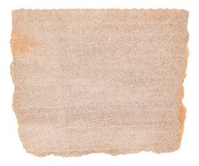 Isolated cut out torn piece of blank brown paper note cardboard with texture and copy space for text, transparent png background design element