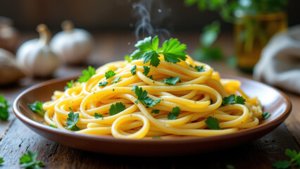 Freshly cooked mafaldine pasta served on a plate with chopped parsley garnish on a rustic wooden table.