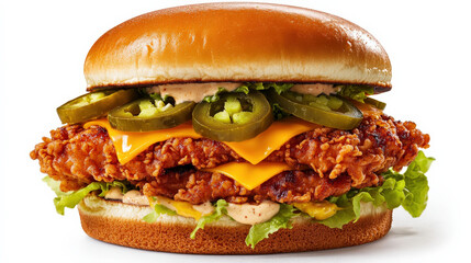 Crispy fried chicken burger with cheese, jalapeños, and fresh lettuce, served on soft bun. delicious and satisfying meal option for burger lovers