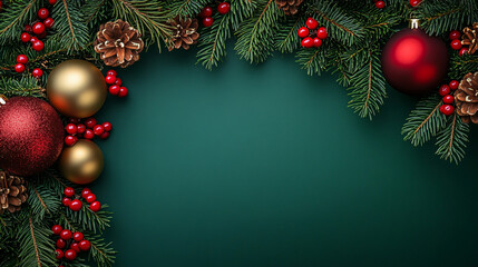 A warm and inviting Christmas-themed scene featuring vibrant red and gold ornaments on lush evergreen branches, perfect for customizable holiday banners or cards.