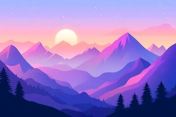 Beautiful landscape vector illustration of mountains, forests, fields and meadows. Stunning panoramic farm landscape with mountains in the background. Natural landscape