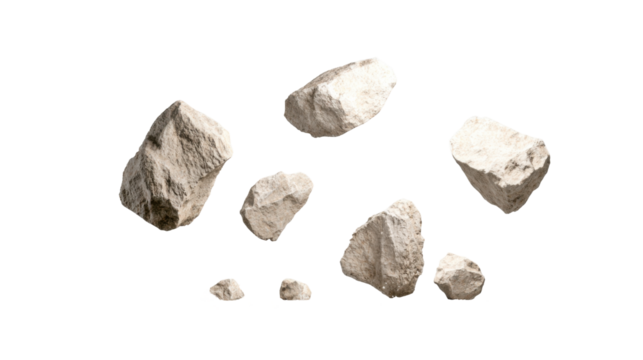 Various natural stones of different sizes arranged creatively in a minimalist style on a white background