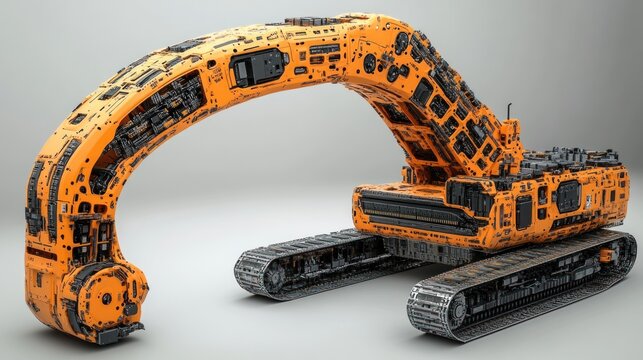 Futuristic orange excavator with intricate details and tracks.