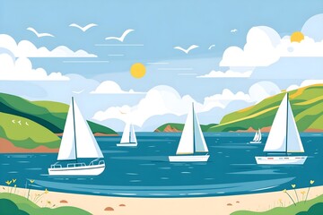 Naklejka premium Beautiful landscape vector illustration of mountains, forests, fields and meadows. Stunning panoramic farm landscape with mountains in the background. Natural landscape