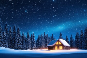 Cozy winter wonderland cabin: a romantic and tranquil escape amidst snow-covered trees and twinkling lights.