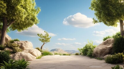 Serene landscape view with lush greenery and rocky formation under a clear blue sky in the afternoon light