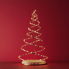Elegant Minimalist Christmas Tree with Twinkling Lights and a Red Background for Modern Holiday Decoration Inspiration and Festive Atmosphere