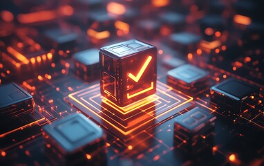 3Drendered digital approval and checkbox visualization for project management, glowing checkmarks and progress icons floating in a digital workspace