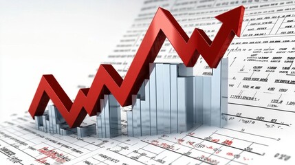 Growing Business Financial Success Concept with Red Arrow Graph Representing Growth Over Detailed Background of Financial Reports and Data Sheets