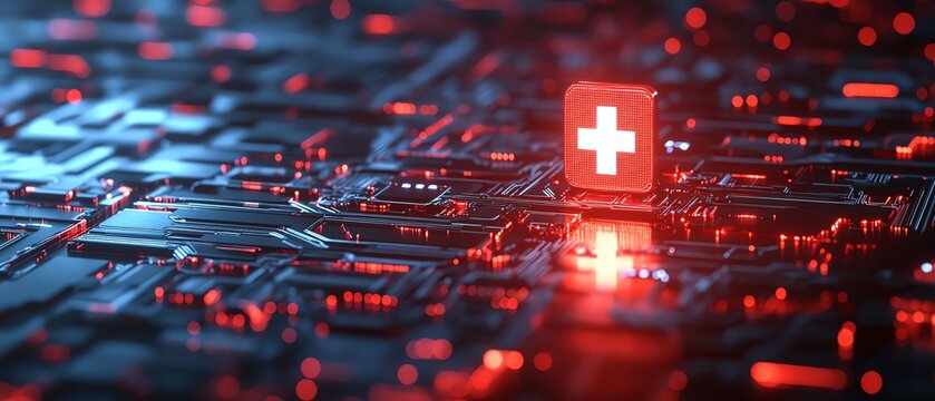 3Drendered digital icons of healthcare security and trust on a dark background, glowing with protection and reliability symbols