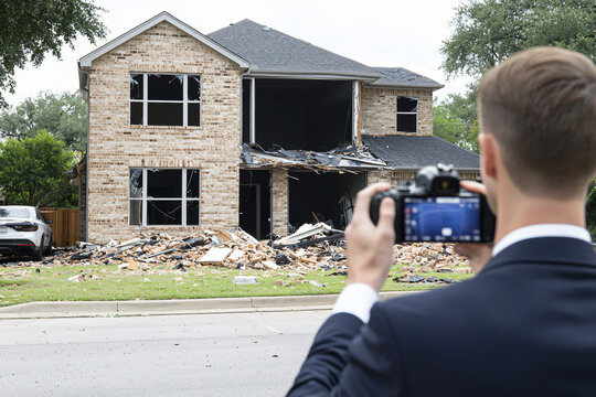 agent photographing structural damage, debris scattered naturally