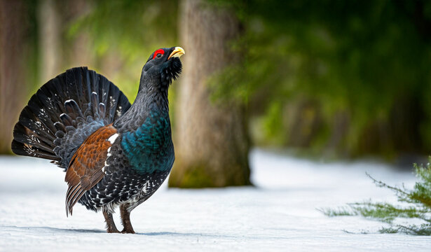 Magnificent Capercaillie (Tetrao Urogallus) Displaying Feathers in Snowy Forest Habitat