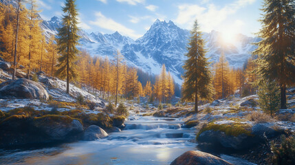 Photorealistic mountain landscape with alpine trees, snow-capped peaks, and a flowing stream in the foreground .