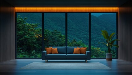 A modern living room with a scenic mountain view, featuring a cozy couch and decorative plants, creating a serene atmosphere.