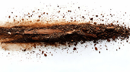 Close-Up of Crumbled Brown Material Scattered on White Surface, Creating a Textural Background with a Sense of Grit and Depth