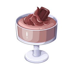 Chocolate mousse, French cartoon dessert. Portion of gourmet cream souffle in glass bowl with swirl and chocolate slice on top. Cuisine of France mascot, cartoon sweet food vector illustration