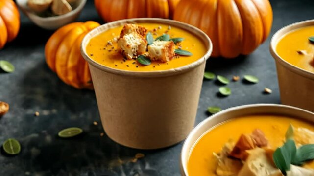 Thick vegan pumpkin cream soup with seeds and croutons in disposable cups of craft paper. Soup to go. Healthy food delivery. Space for text 4K Video