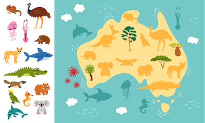 Children play template. Find right animal silhouette. Australia map with ocean world. Australian cartoon animals, koala crocodile kangaroo, vector game