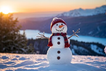 Obraz premium Happy snowman standing in a winter landscape with copy space, beautiful light, and bokeh.