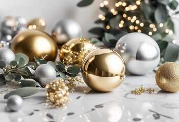 Fototapeta premium A luxurious arrangement of gold and silver Christmas ornaments displayed on a marble surface. The scene is adorned with decorative wreaths, stars, and natural greenery, evoking festive elegance and ho