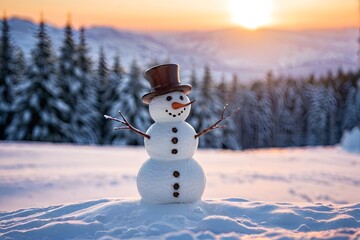 Fototapeta premium Happy snowman standing in a winter landscape with copy space, beautiful light, and bokeh.