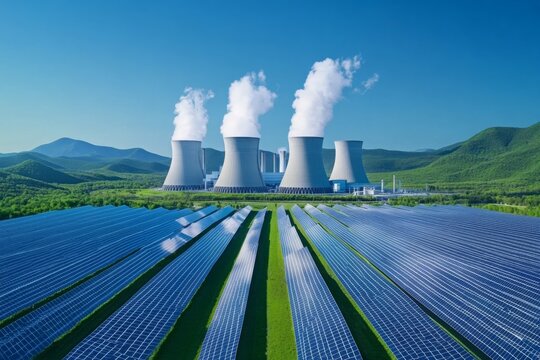 Aerial view of a power plant nuclear reactor  powered by sustainable energy with solar panels .	
