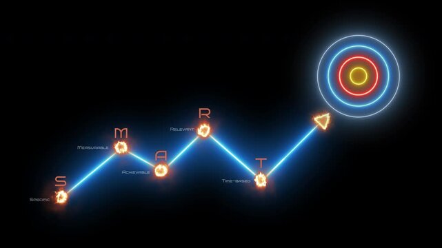 Target and goal business concept. Glowing neon line of fire target icon and smart setting (specific, measurable, achievable, relevant, time-based) for the way of setting goals, objectives and success.