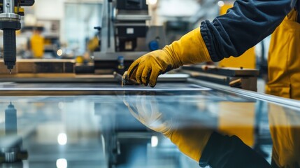 Obraz premium Industrial worker operating glass cutting machine factory action shot workshop close-up precision work in manufacturing