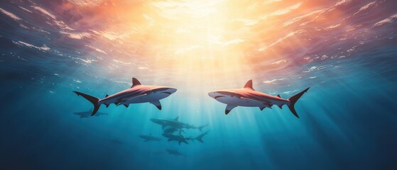 Obraz premium A serene underwater scene featuring sharks swimming gracefully in sunlight, showcasing ocean beauty and marine life conservation.
