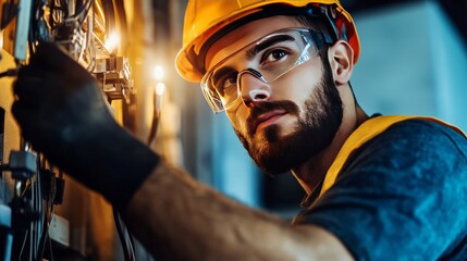 Electrician performing maintenance on electrical system industrial setting action shot close-up skilled work safety focus