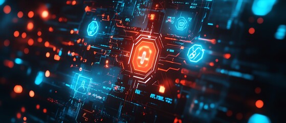 Obraz premium Futuristic digital icons representing healthcare security and trust, 3D rendering with glowing protection symbols on a dark background