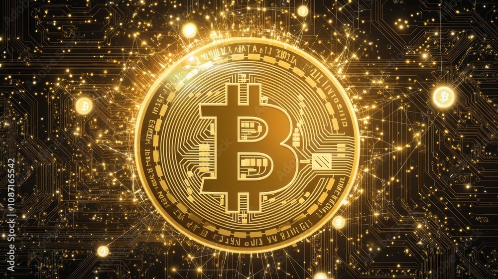 Poster golden bitcoin symbol with sparkling background illustrating digital currency and blockchain technol