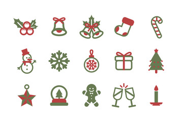 Christmas logo icon snowflake, snowman, candy, tree, sock, globe, drink, gift, bell, jingle bell, gingerbread man, chirs, candy, christmas star, candle vector