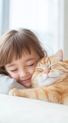 A joyful girl embraces her orange cat in a cozy indoor setting during a sunny afternoon