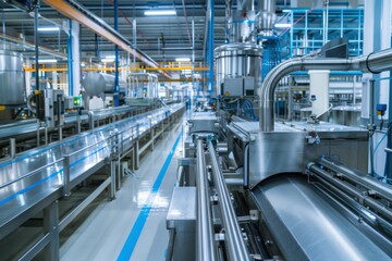 Fototapeta premium Factory Conveyor Belt Transports Products Efficiently Through Plant. Industrial Automation System.