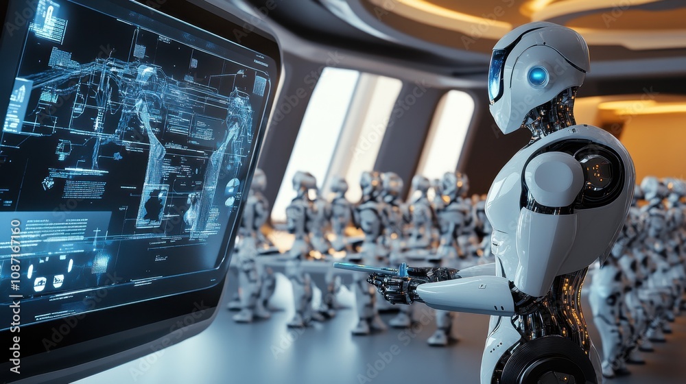 Poster futuristic robot learning from advanced technology display in high-tech environment with other robot