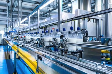 Fototapeta premium Milk Bottling Plant Production Line Conveys Filled Bottles Efficiently and Smoothly