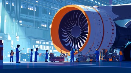 Aircraft mechanics performing maintenance on a massive jet engine