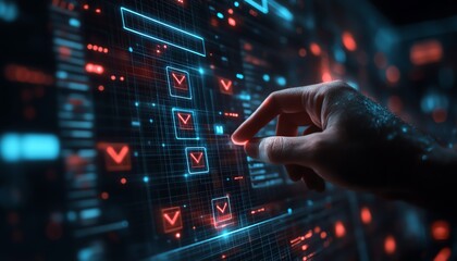 Fototapeta premium Interactive digital approval with glowing checkboxes, project management and progress visualization, sleek and futuristic interface