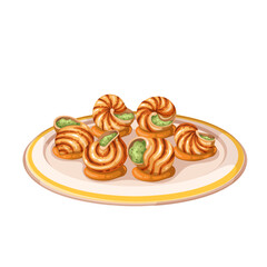 Escargots de Bourgogne, French cartoon seafood recipe. Cooked snails with butter, garlic and herbs on plate. Cuisine of France, delicacy appetizer mascot, cartoon stewed escargots vector illustration