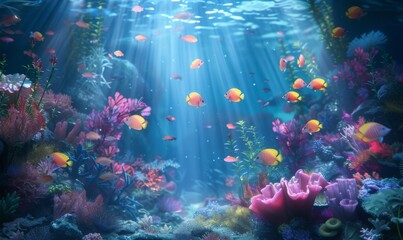 Naklejka premium Underwater with colorful sea life fishes and plant at seabed background, Colorful Coral reef landscape in the deep of ocean. Marine life concept, Underwater world scene