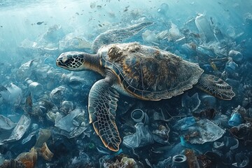 A Sea Turtle Surrounded by Plastic Waste in the Ocean