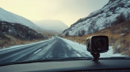Scenic Winter Landscape Captured from a Car Dashboard with a Camera on a Snowy Road Surrounded by Mountains and a Dramatic Sky in the Background